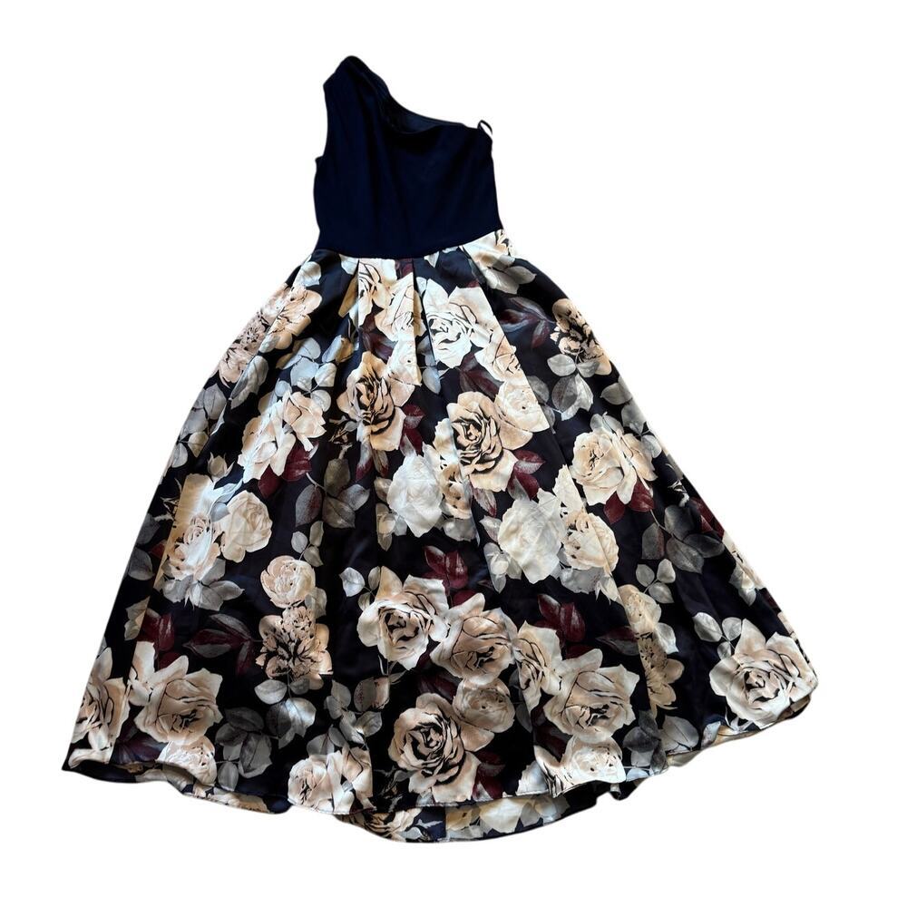 Betsy & Adam Navy One-Shoulder Floral A-Line Dress